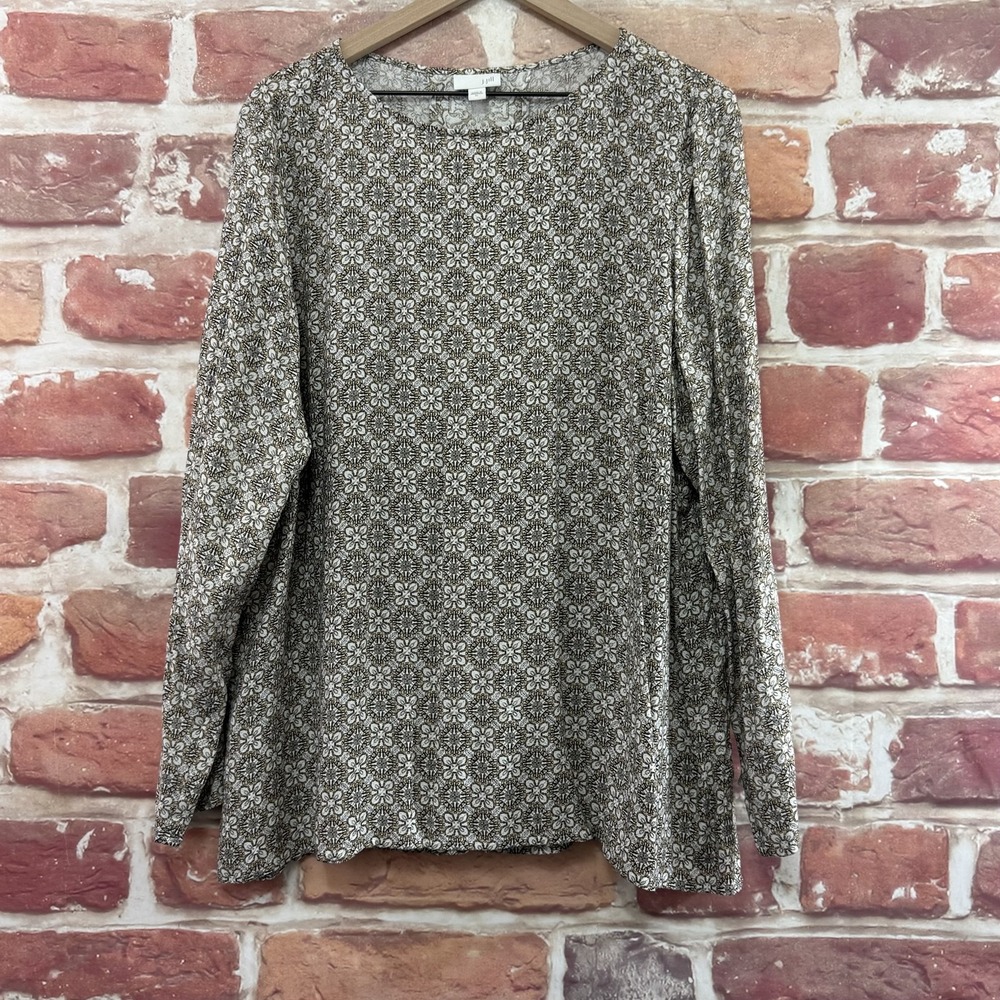 J Jill Top Women's XL Brown Multicolor Boho Batik Floral Casual Career Shirt